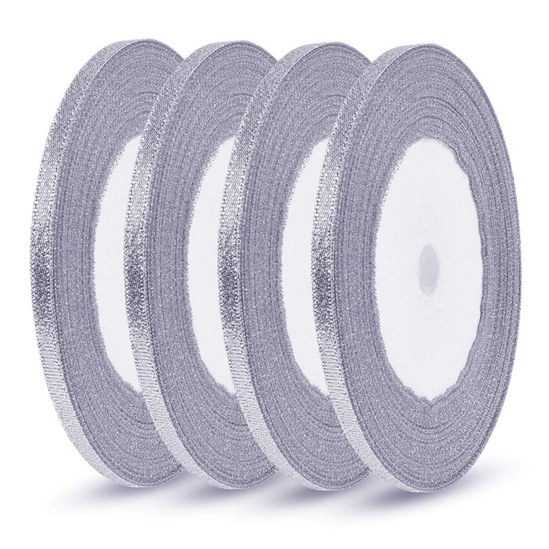 Oubaka 4 Roll Christmas Glitter Metallic Silver Ribbon,Glitter Ribbon for Gift Crafters Wedding Party Birthday Wrap Hair Bows Floral Projects Wrapping Decorations DIY Crafts Arts(1/4inX22m) - Image 2